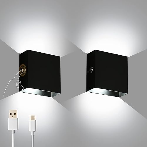 Lightess Juego de 2 apliques de pared LED regulables, funciona con pilas, luz de pared con control táctil recargable, color negro, luces modernas de