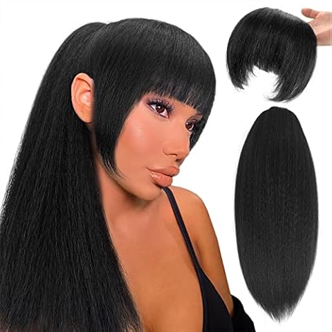 UAmy hair Long Yaki Straight Drawstring Ponytail with Bangs for Black Women Synthetic Thick Kinky Straight Bangs Ponytail Hairpieces 20 inch Clip in Ponytail Extension for Girl Daily Use Cover