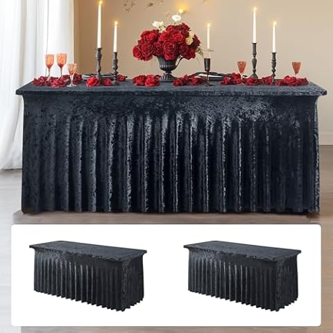 2 Pack 6ft Black Velvet Tablecloth for Rectangle Tables,Thick Shine Velour Stretch Fitted Tablecloths 6 foot,Wrinkle Free Easy to Care Spandex Table Cover with Pleated Skirt for Party Wedding Banquet Cover