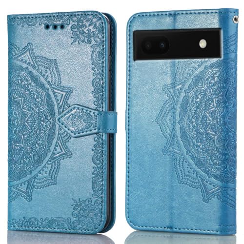 Image of ClickCase Queen Series for Google Pixel 6A Leather Flower Embossing Wallet Flip case Magnetic Closure Flip Cover for Google Pixel 6A (Sky Blue)