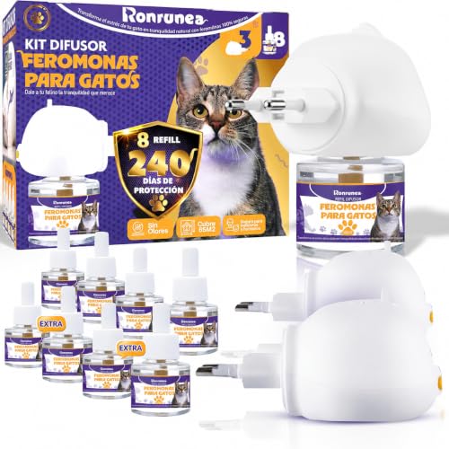 Ronrunea | Pack Ahorro de 3 Difusores + 4 Recambios + 4 Recambios de 48ml Extras de Feromonas para Gatos Premium | Ambiente Tranquilo para Tus Gatos hasta 240 Días.
