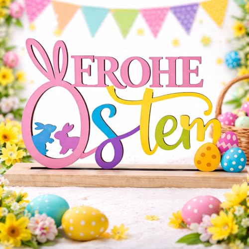 QijAOPD Frohe Ostern Deko Aufsteller Holz, Bunte Osterdeko Zum Hinstellen Mit Schriftzug Hasen Und Ostereiern, Tischdeko Für Wohnzimmer Esstisch Fensterbank, Frühlingsdeko Für Familie Kinder Ostern