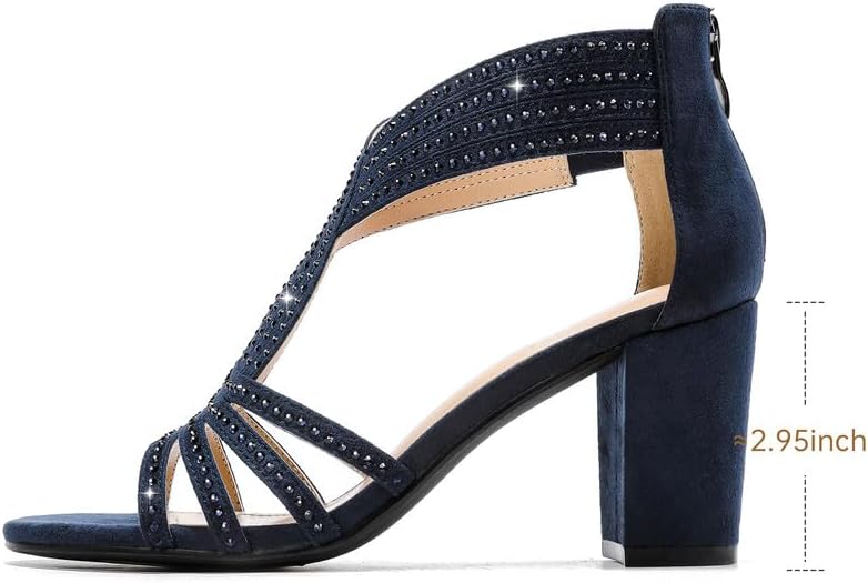 Women's Rhinestone Sparkly Chunky Block Heel Sandals Open Toe Dressy Shoes with Zipper Closure for Wedding Prom Homecoming Hoco Formal Events - Image 5