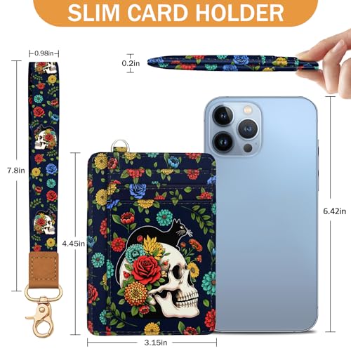 Image of Yonlevres Skull Cat Credit Card Holder Slim RFID Wallet Women Wristlet Gift | Front Pocket, Handy, RFID Blocking, Woman Girls Ladies Gifts, D-ring for Keychain,Thin Mini Card Case, ID Window, PU Leather