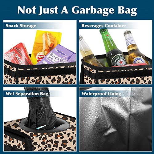 Image of Car Trash Can with Lid Leak Proof Garbage Waterproof Bag for SUV Front Seat Multipurpose Hanging Headrest Collapsible and Portable Storage Mesh Pocket, Leopard Print
