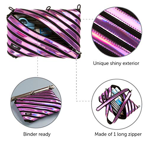 Image of ZIPIT Metallic 3-Ring Binder Pencil Pouch, Large Capacity Pen Case for Kids and Teens, Made of One Long Zipper! (Purple)