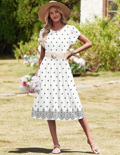 Image of HOTOUCH Women's Summer A-Line Midi Dresses 2026 Casual Floral Short Sleeve T-Shirt Dress Flowy Beach Sundress with Pockets