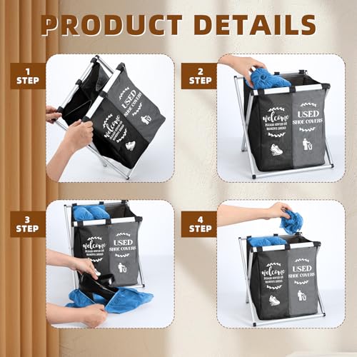 Foldable Disposable Shoe Cover Box Dispenser Fabric Storage Bin Holder with Used Shoe Covers and Welcome Please or Remove Sign for Open House Supplies(Black, Gray) - Image 5