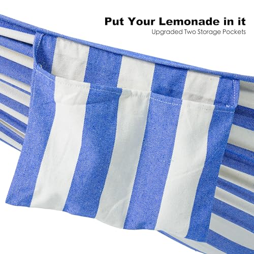 Image of GAFETE Double Hammocks with Stand for Outside, Max 600lbs, (Blue & White) | Upgraded Spreader Bar, 9FT Heavy Duty & Space Saving Stand, Easy Assemble, Convenient Side Pocket, Indoor & Outdoor, Patio
