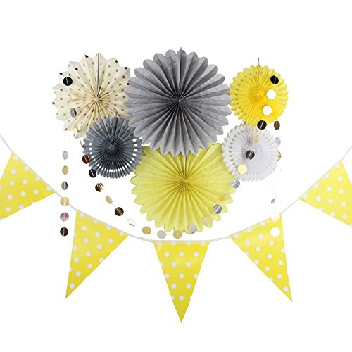 Grey Yellow Cream Party Decor Kit Tissue Paper Fan Bunting Banner Circle Dot Garland Baby Shower Birthday Wedding Party Home Decoration SUNBEAUTY,8pcs
