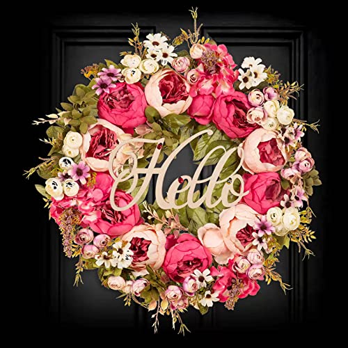 Soosubel Summer Spring Wreaths For Front Door,20 Inch Hello Farmhouse Front Door Wreath For All Seasons,Artificial Peony Wreaths For Front Door Decor #TOP10