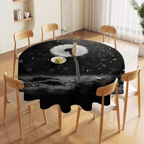 Nappe ronde en polyester imprimé pissenlit noir et blanc de 152 cm pour table