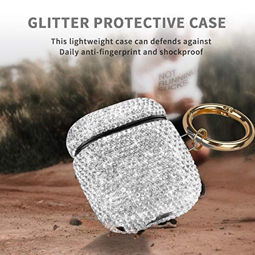 Newseego Compatible With Airpods 1 & 2 Case, Gold Keychain+Anti-Lost Strap+Ear Hooks+Watch Band Holder, Protective Bling Crystal Glitter Shining Diamond Rhinestone Gift Scratch Dropproof-White #TOP4