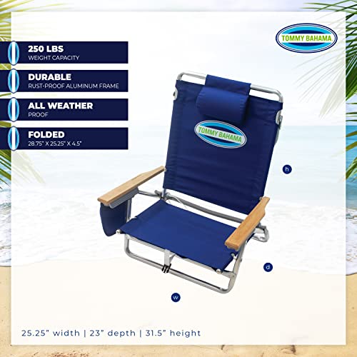 Tommy Bahama 5-Position Classic Lay Flat Folding Backpack Beach Chair, Polyester, Navy #TOP4