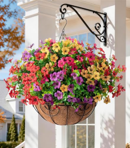 HyeFlora Artificial Faux Hanging Plants Flowers Basket for Summer Outdoor Outside Decoration, Fake...