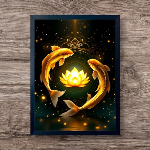 Image of ARTFUL TOY BOX - Golden Koi Fish with Lotus Photo Frame Wall Art for Home Decor | Feng Shui Wealth, Luck & Harmony Wall Decor for Living Room & Office | HD Glossy Print | Premium Fiber Black Frame - 12x18 Inch (30x45 cm) (Design 4)