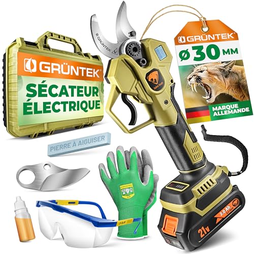 GRÜNTEK Secateur Electrique Sans Fil Professionnel Ø 30 mm, Secateur de Jardin Electrique 21V, Cisaille Sécateur à Batterie avec Lunettes et Gants....