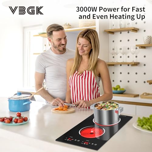 VBGK Electric Cooktop,12 Inch Built-in Radiant Electric Stove Top,110V 2100W 2 burner cooktop With 9 Heating Level, Timer & Kid Safety Lock, Sensor Touch Control 2 burner Induction Cooktop