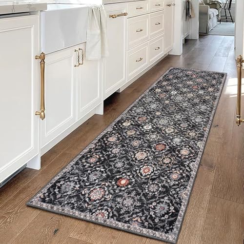 KILOCOCO 2x6 Runner Rug, Moroccan Super Soft Washable Hallway Runner Rug, Accent Print Faux Wool Kitchen Runner Rug 6 Feet Non-Slip Boho Rug Runners for Laundry Room Bedroom, Charcoal/Multi