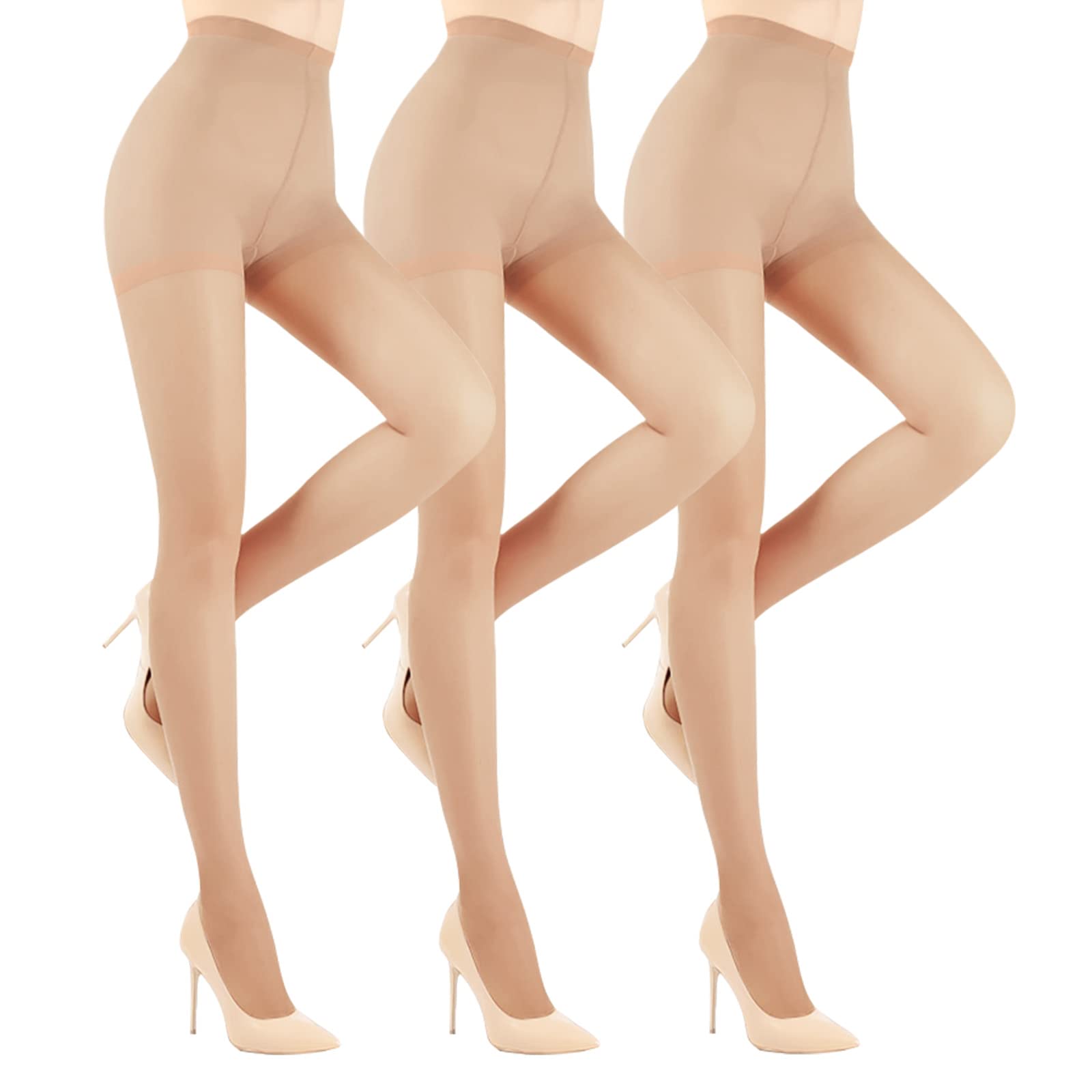 YAGAXI 20D Sheer Tights for Women - 3 Pairs Women's Control Top Pantyhose (Light Nude, M)