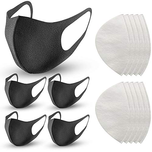 5 Pack Face Masks, 10 Replacement N95 Reusable Mask Filter, Air Filtration Mask Anti Dust Face Mouth Masks Particulate Mask for Smoke, Black Face Mask for Cycling, Sport, Travel, Daily Life