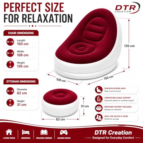 Image of Inflatable Lounge Chair for Adults with Ottoman, Foldable Air Sofa Couch, Portable Blow Up Chair for Living Room Bedroom, Comfortable Indoor Seating, 150 kg Capacity (Maroon)