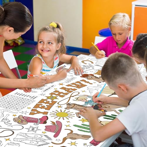 Image of Western Giant Coloring Poster for Kids 30x72 Inch, First Rodeo Large Coloring Poster Tablecloth, Cowboy Cowgirl Themed Color-in Activities Games for Kids School Classroom Home Birthday Party Decors