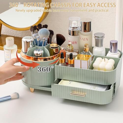 Image of SIBY ABS Plastic Cosmetic Storage Box for Women's | 360 Rotating Makeup Brush Holder for Dressing Table | Vanity Makeup Organizer Box with Transparent Cap and Drawer (Light Green)