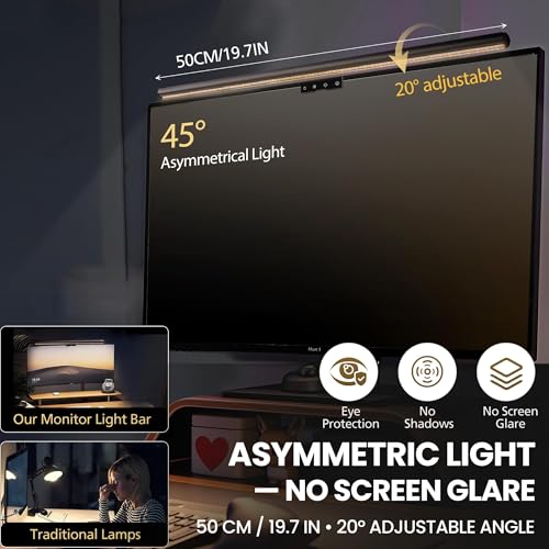 Image of Monitor Light Bar 19.7 inch, No-Glare Asymmetric Desk Screen Lamp | Auto-Dimming USB Reading Lamps, CRI Ra97, 2700K-6500K & Stepless Dimming, Touch Control, 5V /2A Adapter for Home Office