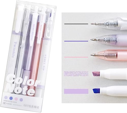 Juego de 5 bolígrafos de tinta de gel pastel 3 bolígrafos de tinta negra con 2 resaltadores para escribir bonitos bolígrafos retráctiles de tinta de
