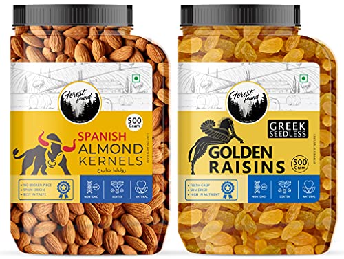 Image of Forest Found Dry Fruits Combo Spanish Almonds Greek Seedless Golden Raisins | Raw Badam & Kismis Mix | High Protein Snack for Fitness & Weight Management | Daily Nutrition (Pack 1kg -Each 500g)