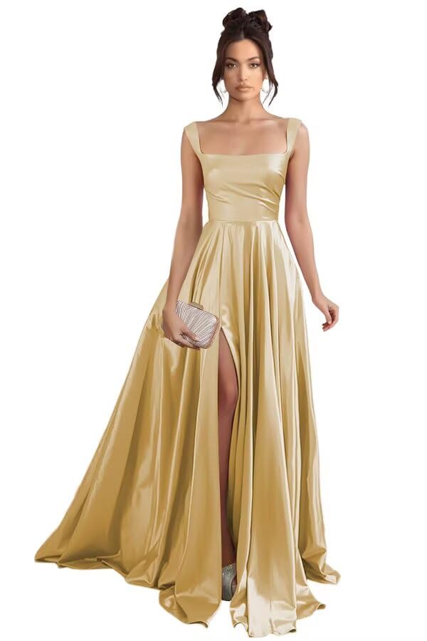 Stylefun Gold Satin A Line Prom Dresses with Pockets Long 2026 for Women Square Neck Pleated Formal...