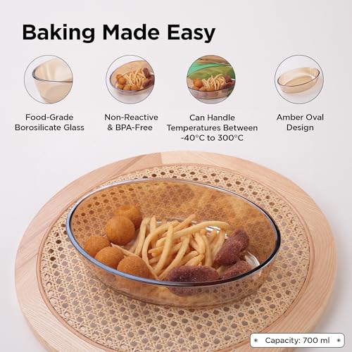 Image of UMAI Borosilicate Glass Baking Tray-Oval Shape (700ml)| Transparent Microwave Oven Safe Utensils | Rectangular Bread Moulds for Baking | Dishwasher Safe | Multipurpose use Serving Tray (Amber)
