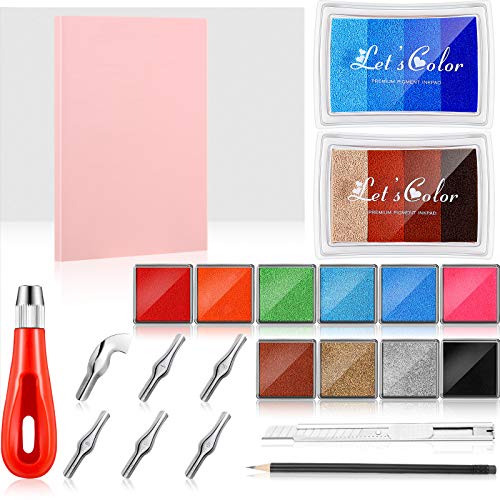 18 Pieces Rubber Stamp Making Kit Block Print Starter Tool Set, Linoleum Cutter with 6 Type Blades, Tracing Paper, Craft Ink, Rainbow Ink Pad, Pink Rubber, Carving Block, Pencil for DIY Stamp Carving