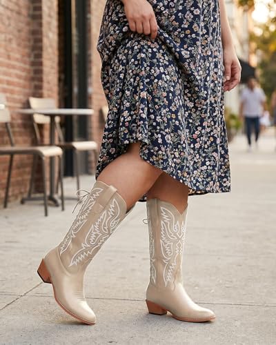 Image of Uillnoodu Wide Calf Cowboy Boots Women Adjustable Lace Up Knee High Tall Plus Size Cowgirl Boots Western Style Comfortable 2-Inch Heel