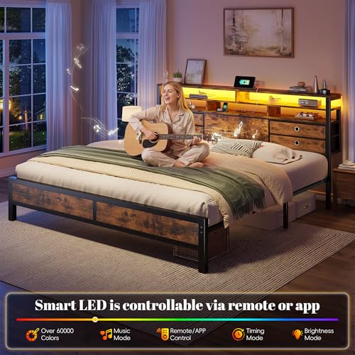 Image of Homkdom King Bed Frame with 3-Tier Storage Headboard & 4 Fabric Drawers, Metal Platform Bed Frame with LED Light & Charging Station,Noise-Free,No Box Spring Needed,Easy Assembly,Rustic Brown