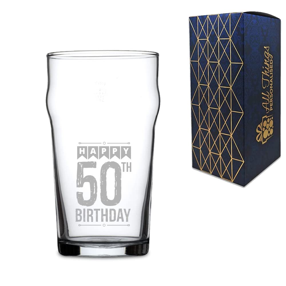 Novelty Engraved/Printed Nonic Beer Cider Pint Glass - Happy 50th Birthday - Engraved