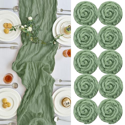 IVAPUPU 10 Pcs Cheesecloth Table Runner - 10ft Sage Green