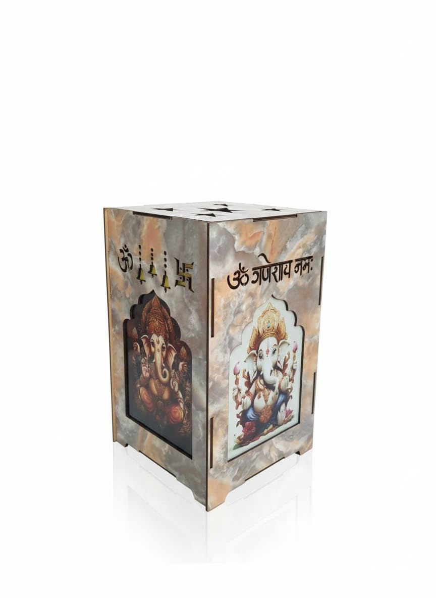 Indian Handicrafts Lord Ganesha Wooden Shadow Box, Religious Temple Lantern, Multi-Color Design, Tabletop Display,Come Positive Energy,Remove Negative Energy