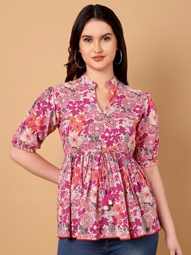 Image of Azira Cotton Printed Mandarin Collar | Blue Color | Casual Top | Woman Top| Tops for Woman | Stylish Summer Wear