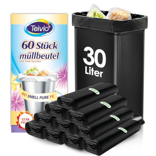Teivio 30 Liter starke mittelgroße Müllbeutel 60 Stück passend für 25 30 35 l Mülleimer 8 Gallonen dicke Badezimmer-Müllbeutel Kunststoffbeutel für Zuhause Büro Küche Schwarz