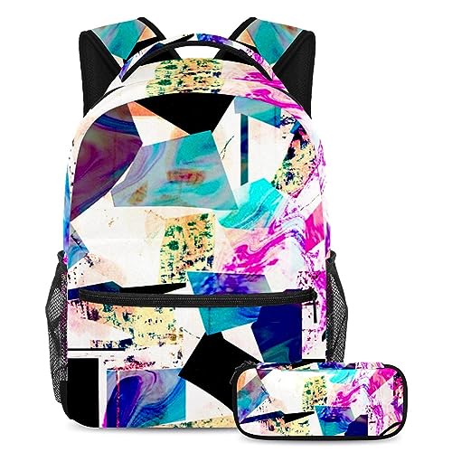 Sac à dos à motif coloré pour garçons et filles avec trousse d'école, lot de 2 cartables