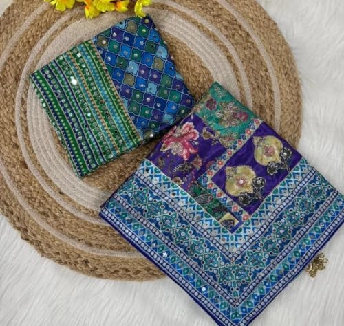 Image of Women's Blue Green Pink Multicolored Ajrak Digital Prined Real Mirror And Latkan Worked Saree With Blouse