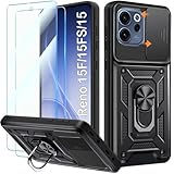 Yohii Militare Antiurto Cover per Oppo Reno 15 F/Reno 15F/Reno 15 FS/Reno 15 5G, con 2 Pack Vetro Temperato e Protezione Fotocamera Scorrevole, 360°Metallo Anello Supporto Antigraffio PC Custodia-Nero