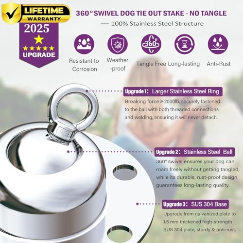 360° Swivel Dog Tie Out Stake Dog Anchor - 2025 Upgrade - Heavy Duty Stainless Steel Dog Yard Stake for Small to Large Dogs 6 PCS Dog Tethers Holds 1500Lbs of Pull Force Great for Yard Camping Outdoor - Image 3