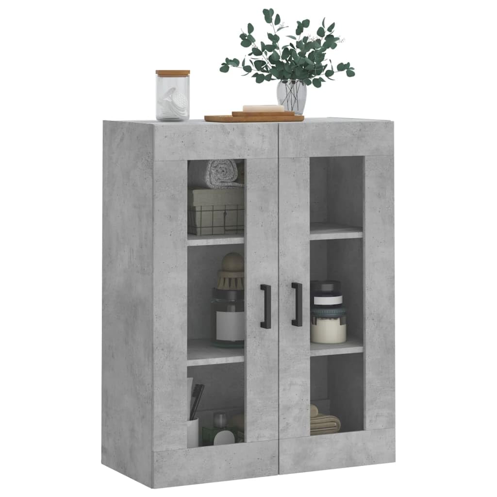 Wandschrank Betongrau 69,5x34x90 cm, Hängeschrank mit Glastüren aus Holzwerkstoff, Vitrinenschrank für Wohnzimmer Schlafzimmer und Büro, Moderner Schwebeschrank mit Griffen