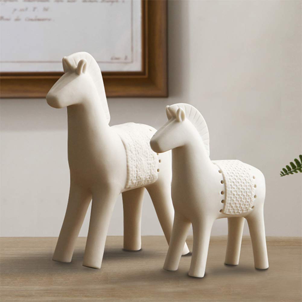 Rzeźba konia, ceramiczne posągi zwierząt, śliczne rękodzieło dekoracyjna figurka do dekoracji biura domowego, dla miłośników zwierząt, biały 2-częściowy zestaw prezent