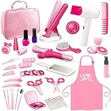 Girls Hair Salon Toys, Styling Set Pretend Play Make Up and Beauty Hair Stylist Kit for Girls 3-5 with Realistic Blow Dryer, Hair Straightener Barber Costume Apron, Scissors and Stylist Accessories