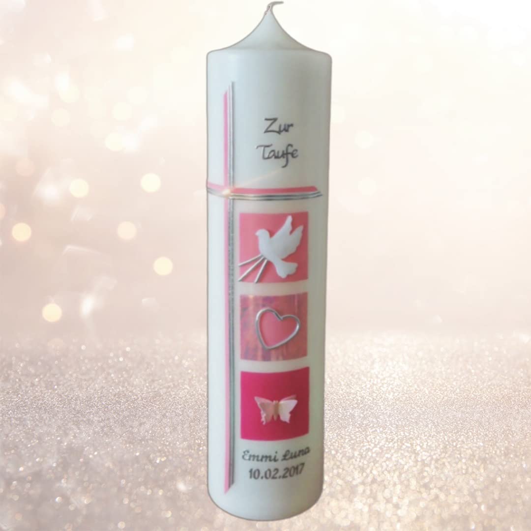 Taufkerze Mädchen Schmetterling, rosa, mit Name und Datum personalisiert. Verschiedenen Größen verfügbar Individuell und Handgestaltet