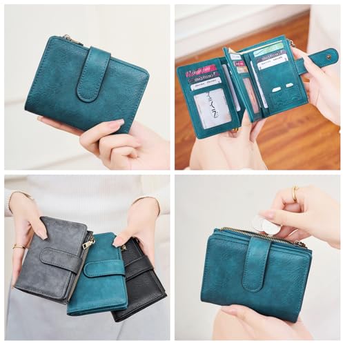 Small Genuine Leather Wallet for Women RFID Blocking Bifold Compact with Zipper Coin Pocke (Peacock Blue)2